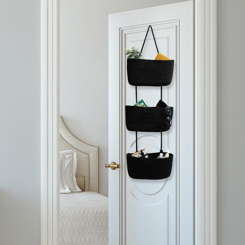 TeoKJ Over the Door Organizer, 3-Tier Woven Cotton Hanging Kitchen Baskets Storage Organizer Bag with Hooks Wall-Mounted Decorative Rope Baskets - Black - Image 5